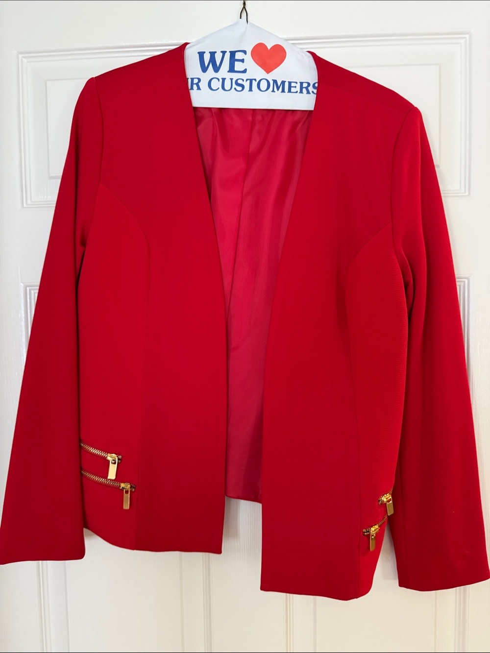 Marc Bouwer Vibrant Red Open-Front Blazer with Gold Zipper Accents